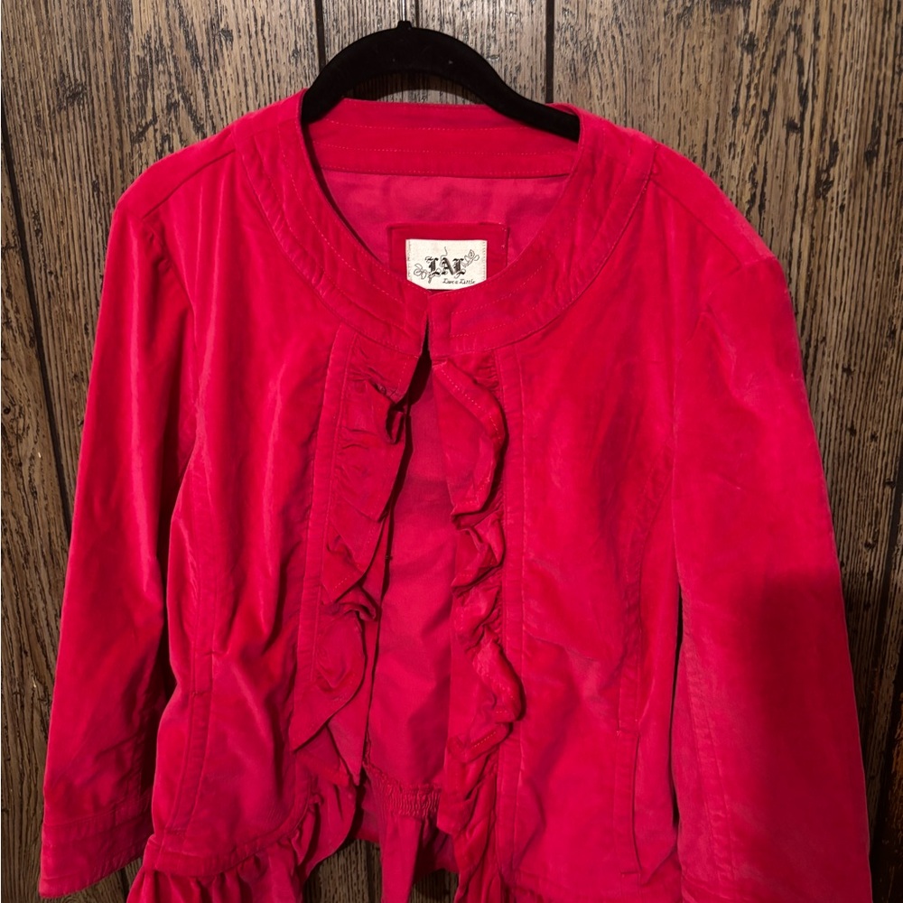 LAL Live a Little Women’s Ruffle Front Velvet Jacket - Hot Pink